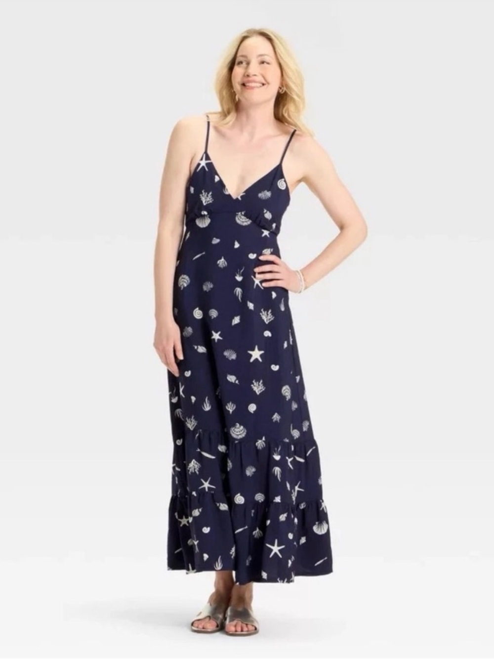 a new day Navy Seashell Print Cutout Maxi Dress Size Medium EUC